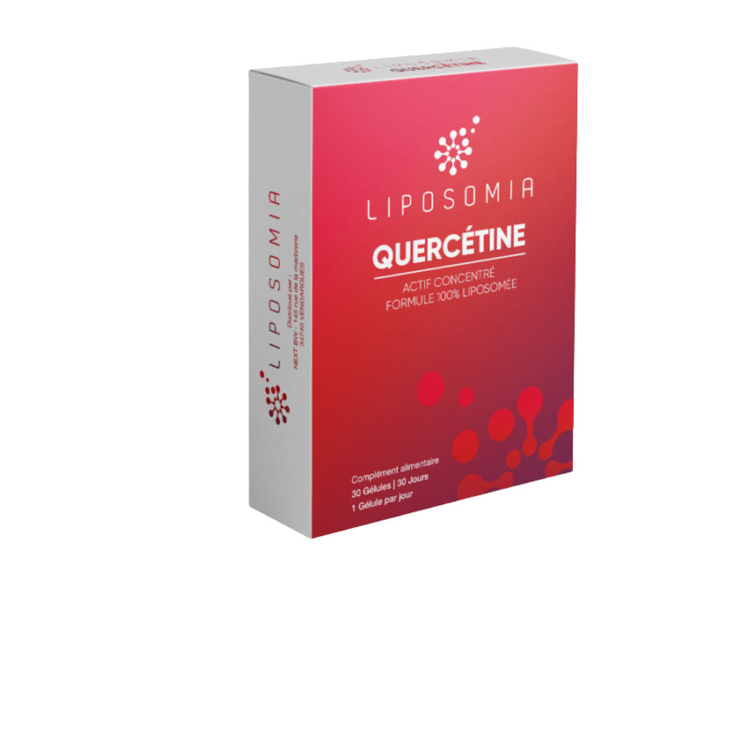 QUERCETINE 30 cápsulas Liposomia Caixa vermelha e branca do suplemento Liposomía Quercetina com texto e padrão de círculos