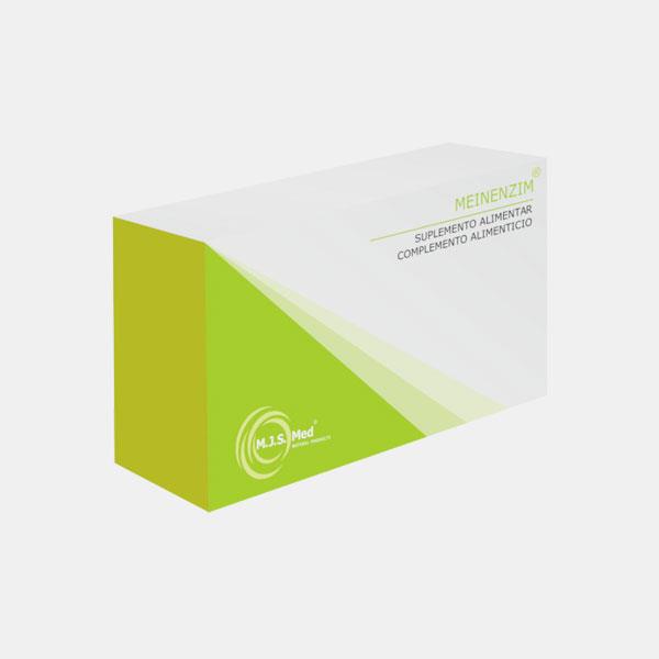 Meinenzim - 60 capsulas M.J.S. Med Caixa de suplemento alimentar MEINENZIM em branco e verde com texto e logótipo MLS Med