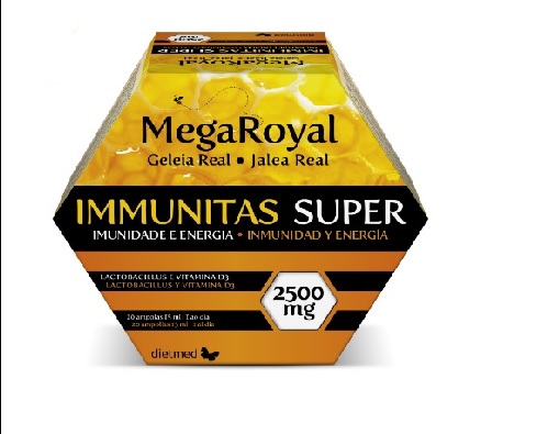 MEGA ROYAL IMMUNITAS SUPER 2500 20X15ML DIETMED frasco hexagonal amarelo com rótulo preto e laranja do suplemento MegaRoyal Immunitas Super