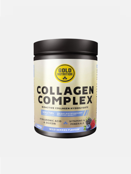 COLLAGEN COMPLEX WILD BERRIES – 300G – GOLD NUTRITION Frasco de suplemento alimentar Collagen Complex sabor frutos silvestres