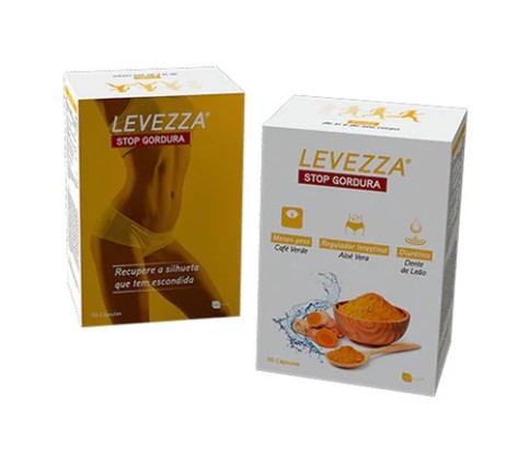Levezza stop gorduras 50cps Nutridil Caixas dos produtos LEVEZZA STOP GORDURA com imagens e texto descritivo.
