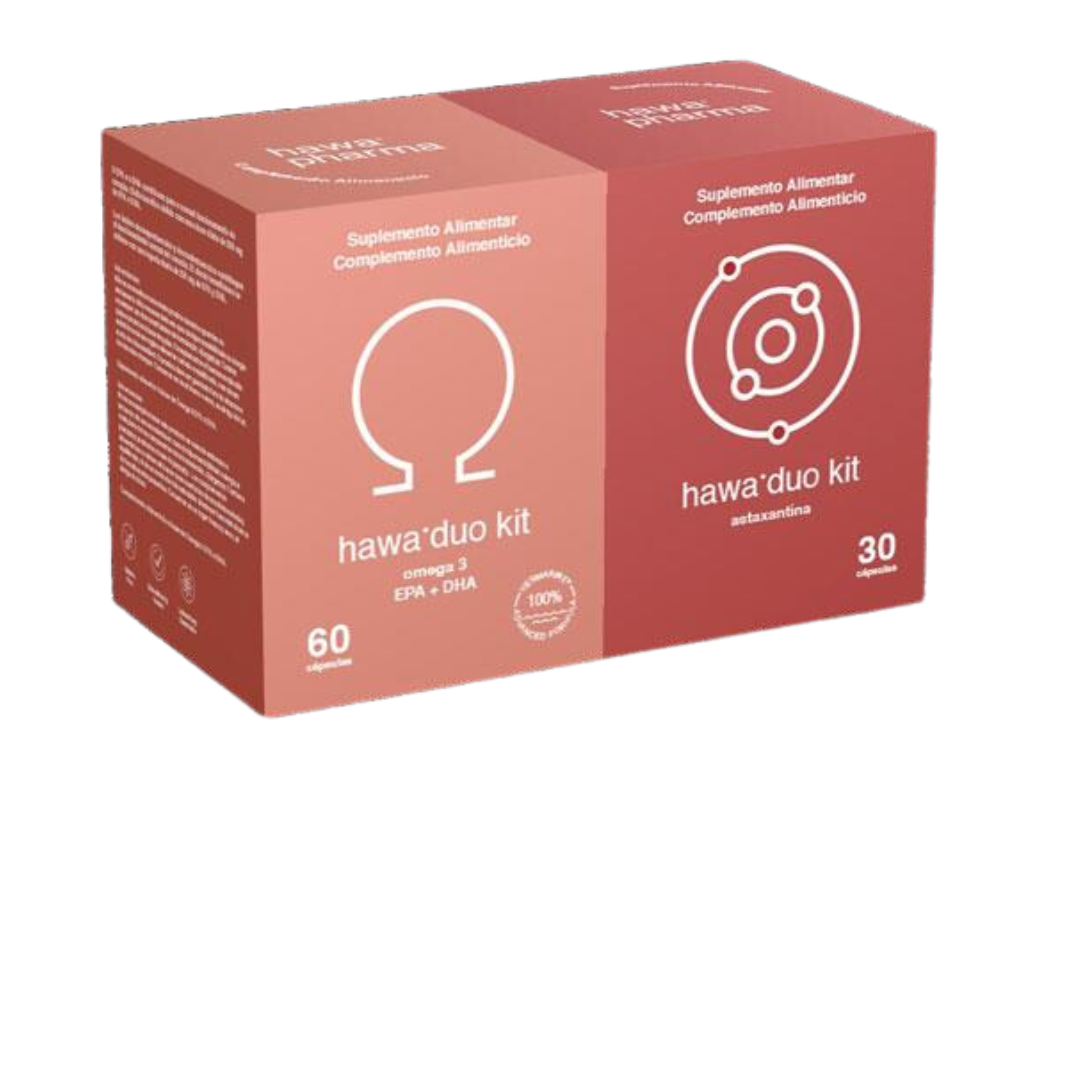 HAWA DUO KIT 60 CAPSULAS + 30 CAPSULAS Embalagem vermelha de suplemento alimentar hawa'duo kit omega 3 e astaxantina