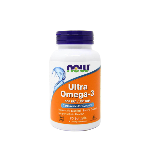 Ultra Omega 3 Fish Oil - 90 Cápsulas Now Frasco de suplemento NOW Ultra Omega-3 com rótulo laranja e tampa roxa