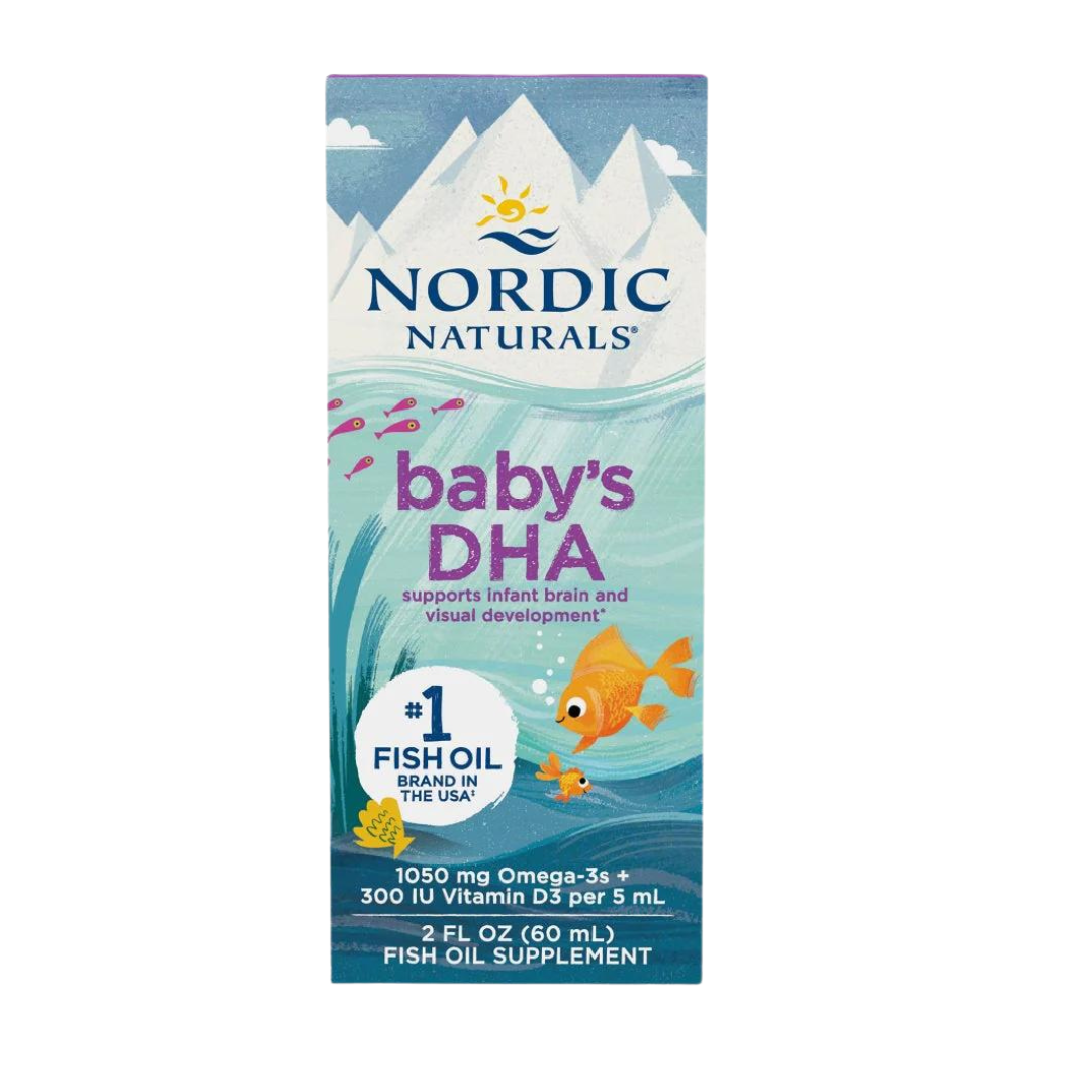 Babys Dha 60ml Embalagem de suplemento baby’s DHA Nordic Naturals com peixe e icebergues desenhados