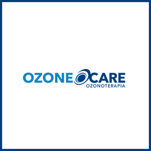 Ozonoterapia Logótipo azul da marca OZONE CARE com texto OZONOTERAPIA