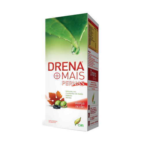 Drena Mais Pernas 500ml CHI Embalagem branca de suplemento alimentar Drena Mais Pernas com folha verde e gota de água
