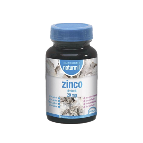 Zinco 20mg - 60 Comprimidos Naturmil Frasco de suplemento de zinco Naturmil com rótulo branco e azul