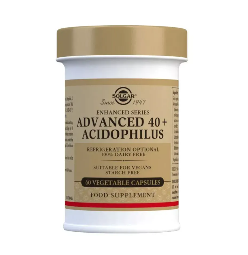 Advanced Acidophilus 40+ 60 Cápsulas Solgar Frasco de suplemento Solgar Advanced 40+ Acidophilus com tampa dourada