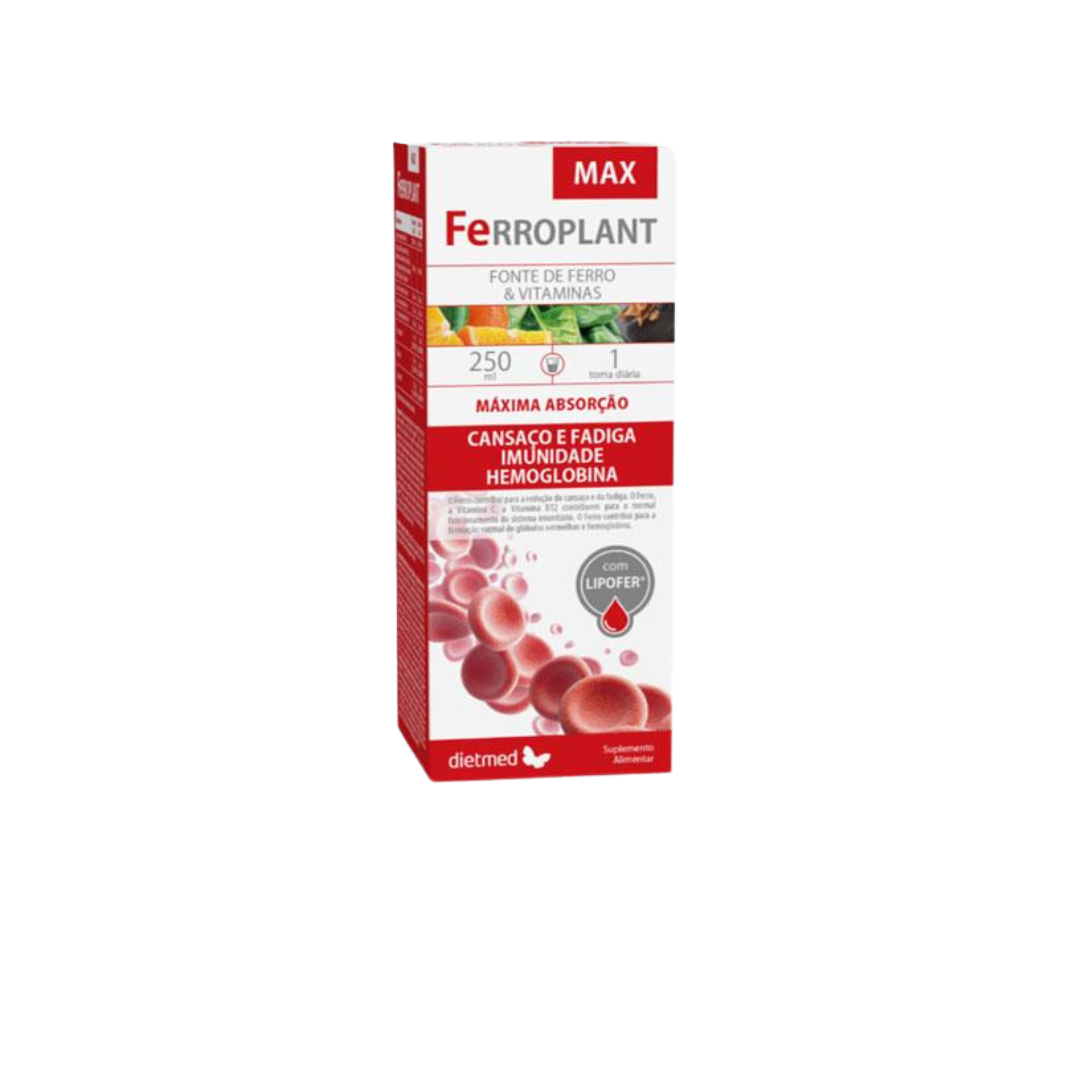 FERROPLANT MAX 250ml Embalagem de suplemento Ferroplant Max com texto informativo e design em vermelho e branco