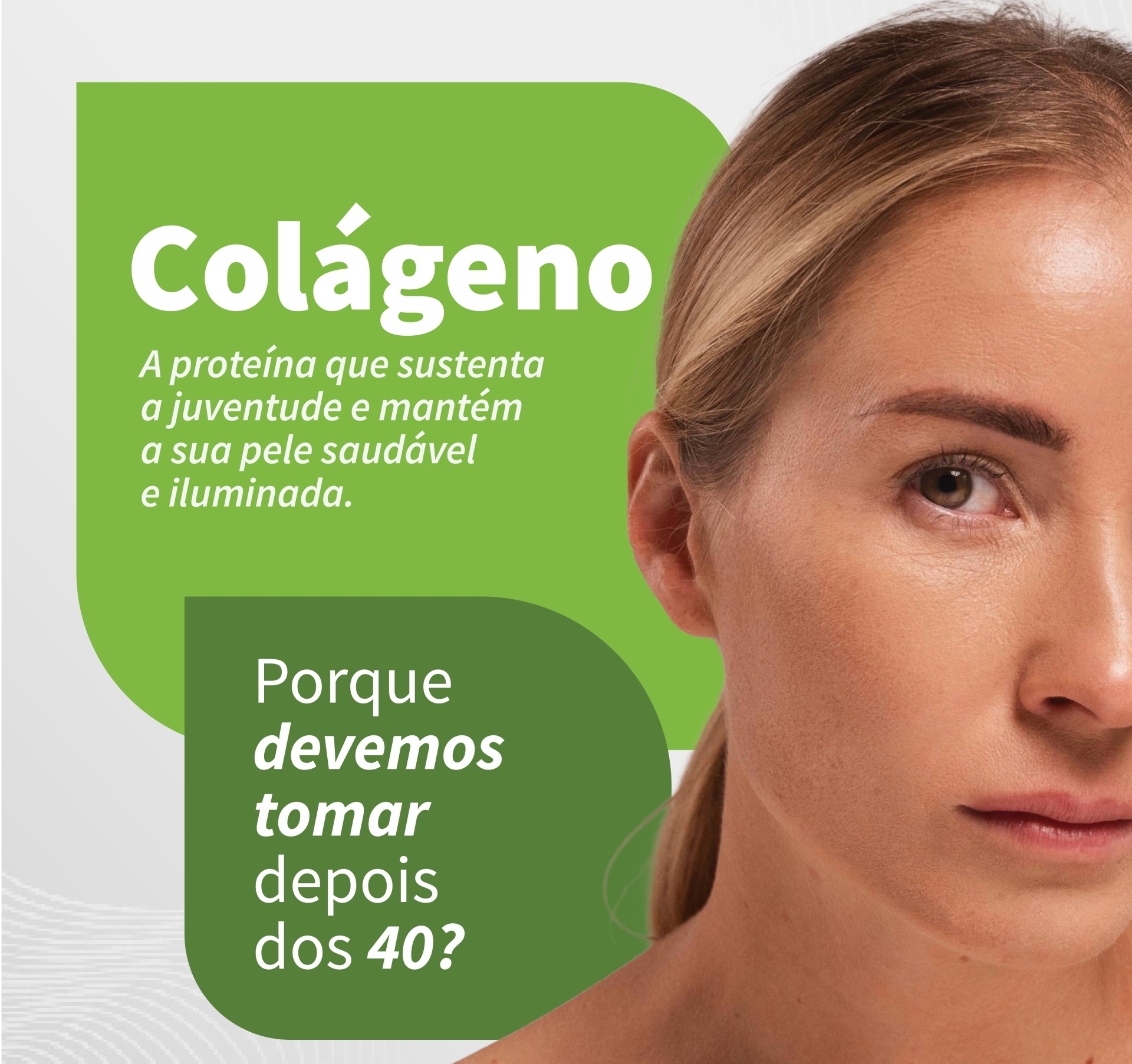 Texto informativo sobre colágeno com rosto feminino ao lado