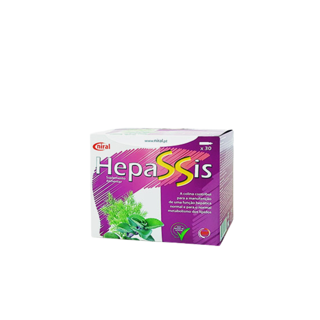 HEPASSIS 30 AMPOLAS Embalagem do suplemento alimentar HepaSsis da marca Niral, predominantemente roxa e branca