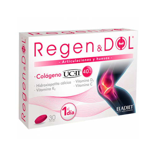 Regen & Dol Colágeno UC II - 30 Comprimidos Eladiet Embalagem do suplemento Regen&DOL para articulações e ossos com colágeno UC-II e vitaminas, 30 comprimidos