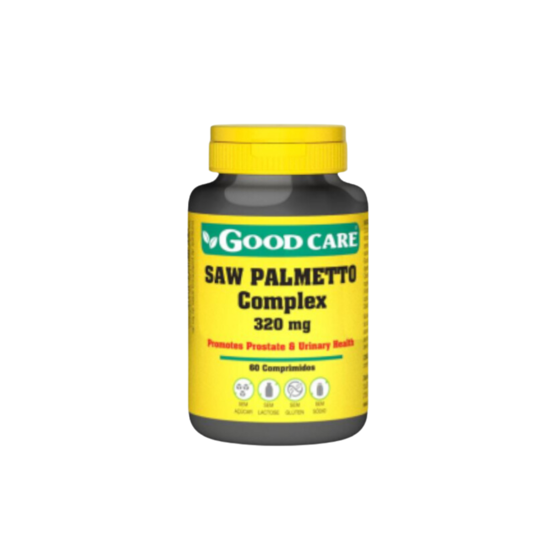 Saw Palmetto 60 Comprimidos Good Care Frasco de suplemento Saw Palmetto Complex 320 mg da marca GOOD CARE com rótulo amarelo e tampa amarela