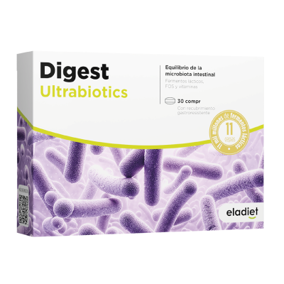 Embalagem do suplemento Digest Ultrabiotics com design branco, amarelo e imagem roxa de bactérias.