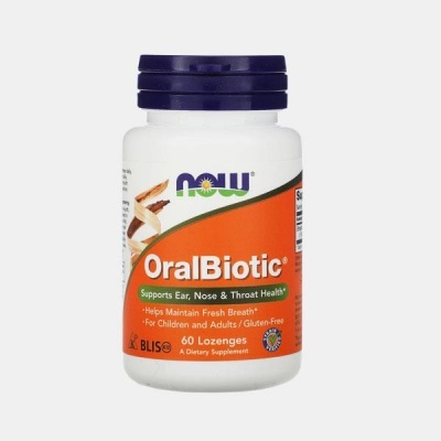 Frasco branco de suplemento OralBiotic NOW com rótulo laranja e tampa roxa