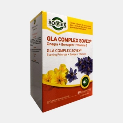 Caixa do suplemento GLA COMPLEX SOVEX com flores e texto