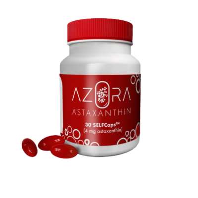frasco de suplemento AZORA ASTAXANTHIN com cápsulas vermelhas