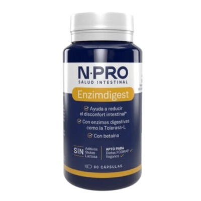 frasco azul de suplemento Enzimdigest N·PRO com tampa branca e texto em espanhol