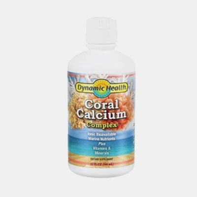 Frasco de suplemento Coral Calcium Complex da Dynamic Health com rótulo colorido e tampa branca