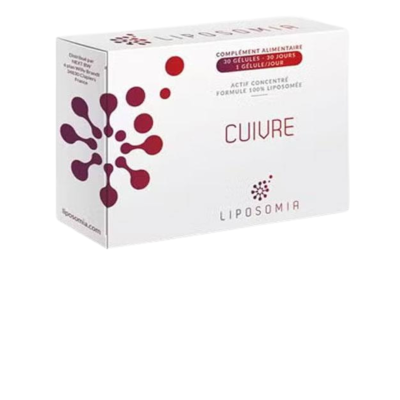 Caixa de suplemento alimentar Liposomia Cuivre com design branco e vermelhos