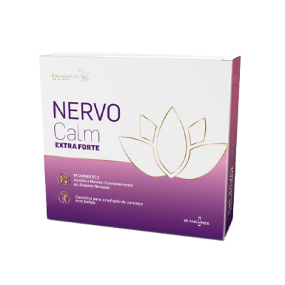 Caixa branca e roxa do suplemento Nervo Calm Extra Forte com texto informativo em português