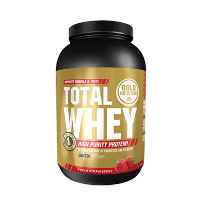 Frasco preto de suplemento Total Whey com rótulo dourado e vermelho.