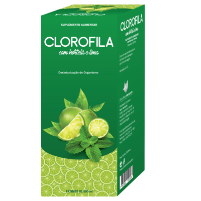 Embalagem verde de suplemento alimentar Clorofila com hortelã e lima com design de limas e hortelã