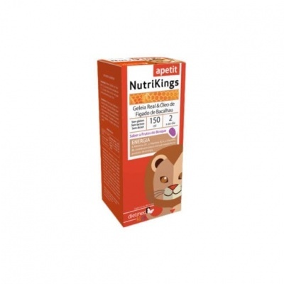 Embalagem vermelha do produto NutriKings com texto e imagem de urso animado