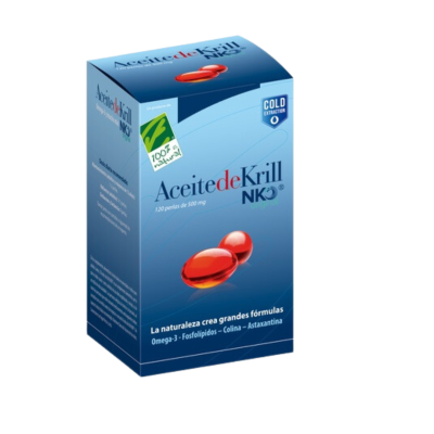 Embalagem azul de Aceite de Krill com cápsulas vermelhas e texto informativo.