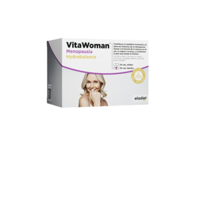 Embalagem de suplemento VitaWoman Menopausia Hydrabalance com imagem de mulher e texto em espanhol