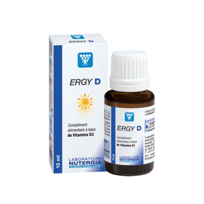 Frasco e embalagem do suplemento ERGY D de vitamina D3