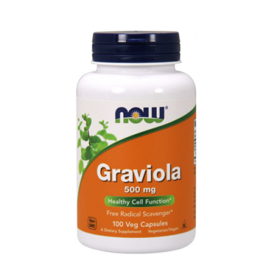 Frasco de suplemento NOW Graviola 500 mg com cápsulas vegetais