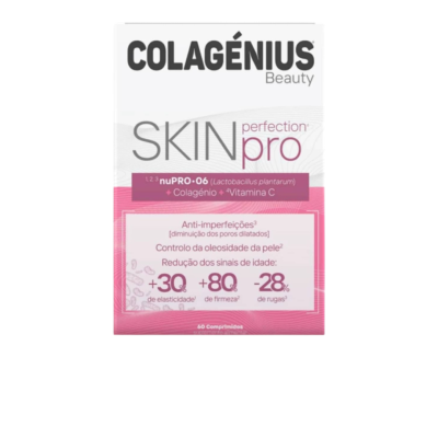 Embalagem de suplemento COLAGÉNIUS Beauty SKIN perfection pro em branco e rosa