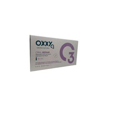 Embalagem branca do OXXY G3 ORAL REPAIR com texto lilás e preto