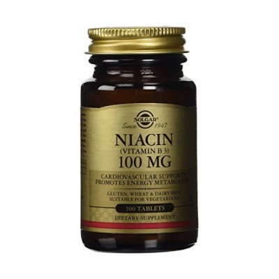 Frasco de vitamina Niacina 100 mg da Solgar com rótulo dourado e tampa dourada