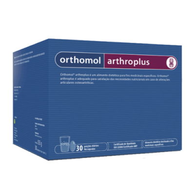 Caixa azul do suplemento Orthomol arthroplus com 30 pacotes diários e texto explicativo