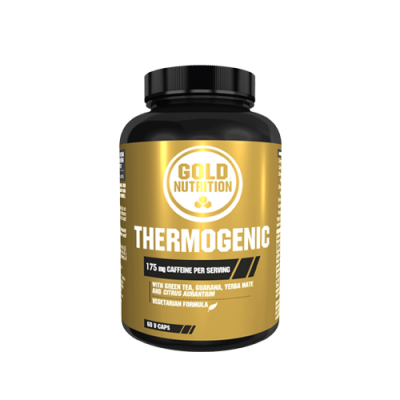 Frasco preto de suplemento Thermogenic Gold Nutrition com rótulo dourado e texto em branco e preto.