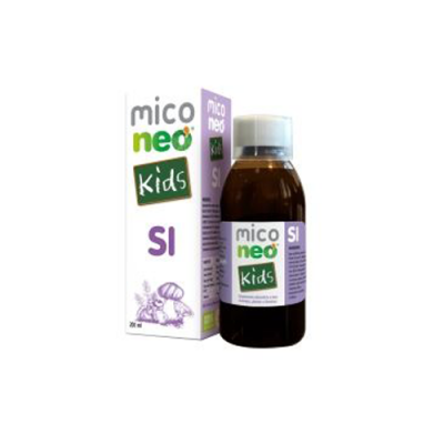 Frasco e embalagem do suplemento líquido para crianças 'mico neo Kids SI' com design branco e lilás