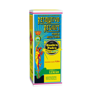 Embalagem retangular de suplemento alimentar Resolutivo Regium sabor limão com texto em azul, amarelo e verde.