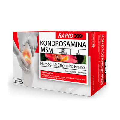 Embalagem de suplemento alimentar RAPID KONCROSAMINA MSM com 30 ampolas e ingredientes Harpago e Salgueiro Branco