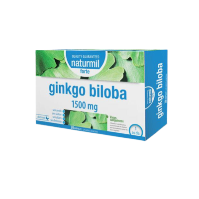 Embalagem de suplemento ginkgo biloba 1500 mg Naturmil forte com folhas verdes