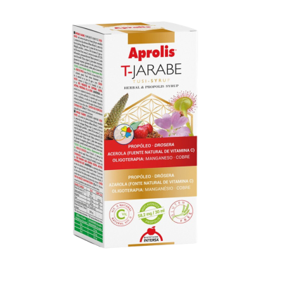 Frasco de xarope Aprolis T-JARABE com embalagem branca e detalhes dourados e vermelhos