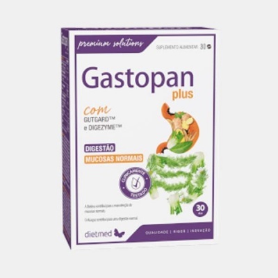 Embalagem do suplemento alimentar Gastopan plus branca e roxa, com texto e imagem de estômago e intestino