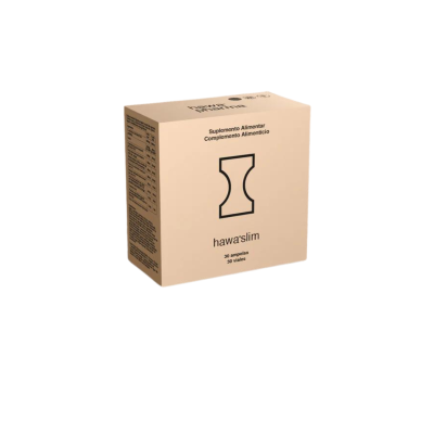 Caixa bege de suplemento alimentar hawa'slim com desenho de silhueta e texto em português e espanhol
