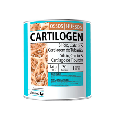 Lata azul e branca do suplemento Cartilogen para ossos com 450g
