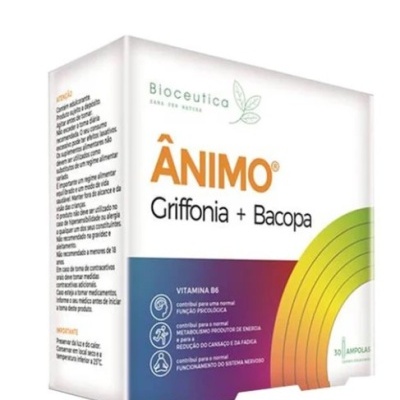 Caixa de suplemento alimentar Ânimo Griffonia + Bacopa com texto e design colorido