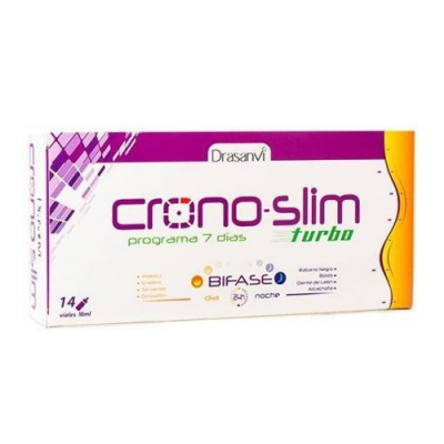 Embalagem do suplemento Drasanvi Crono-slim turbo com design roxo, amarelo e branco