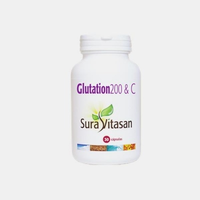 Frasco branco de suplemento Sura Vitasan Glutation 200 & C com 30 cápsulas