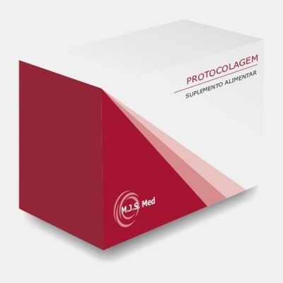 Caixa branca e vermelha de suplemento alimentar Protocolagem com logotipo M.J.S Med