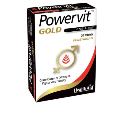 Embalagem de comprimidos PowerVit GOLD da HealthAid com design em branco, preto, dourado e vermelho